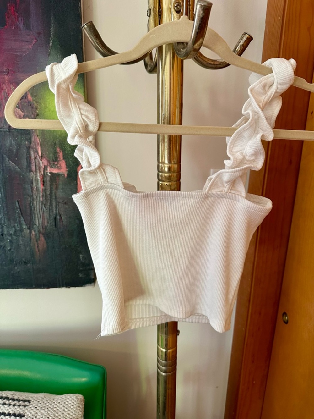 Zara White Ribbed Cropped Tank with Ruffle Straps - Picture 2 of 3